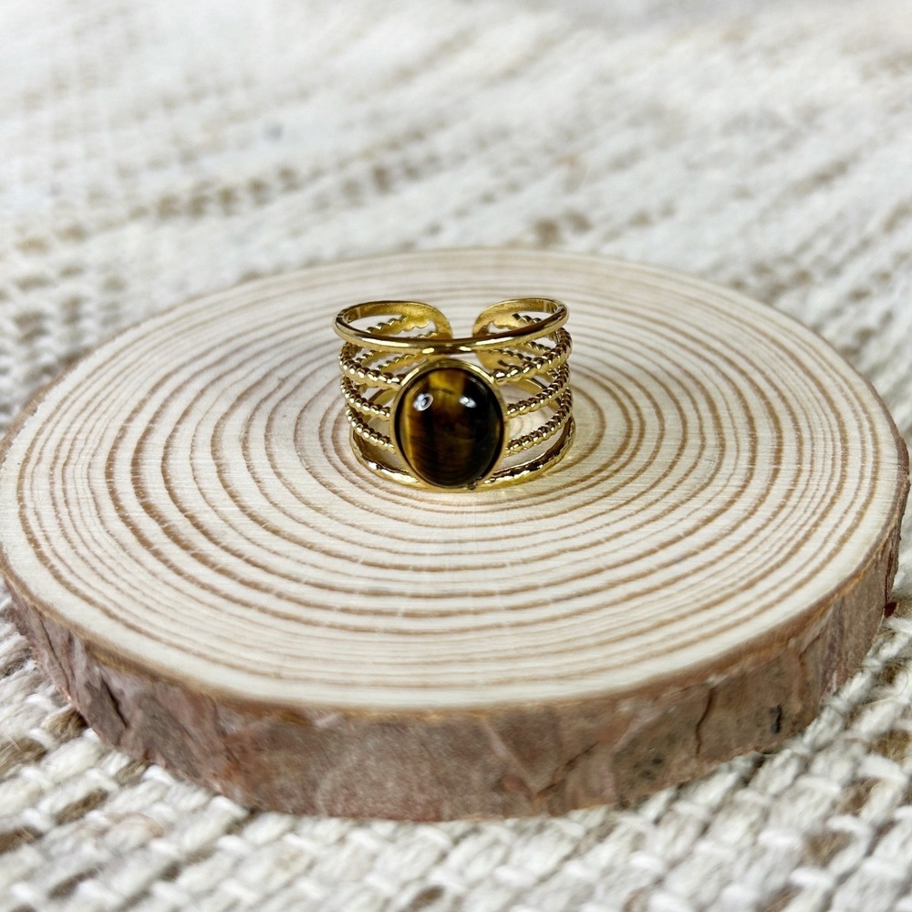 Gold Tone Tiger Eye Oval Gemstone Adjustable Statement‎ Ring Bohemian Natural